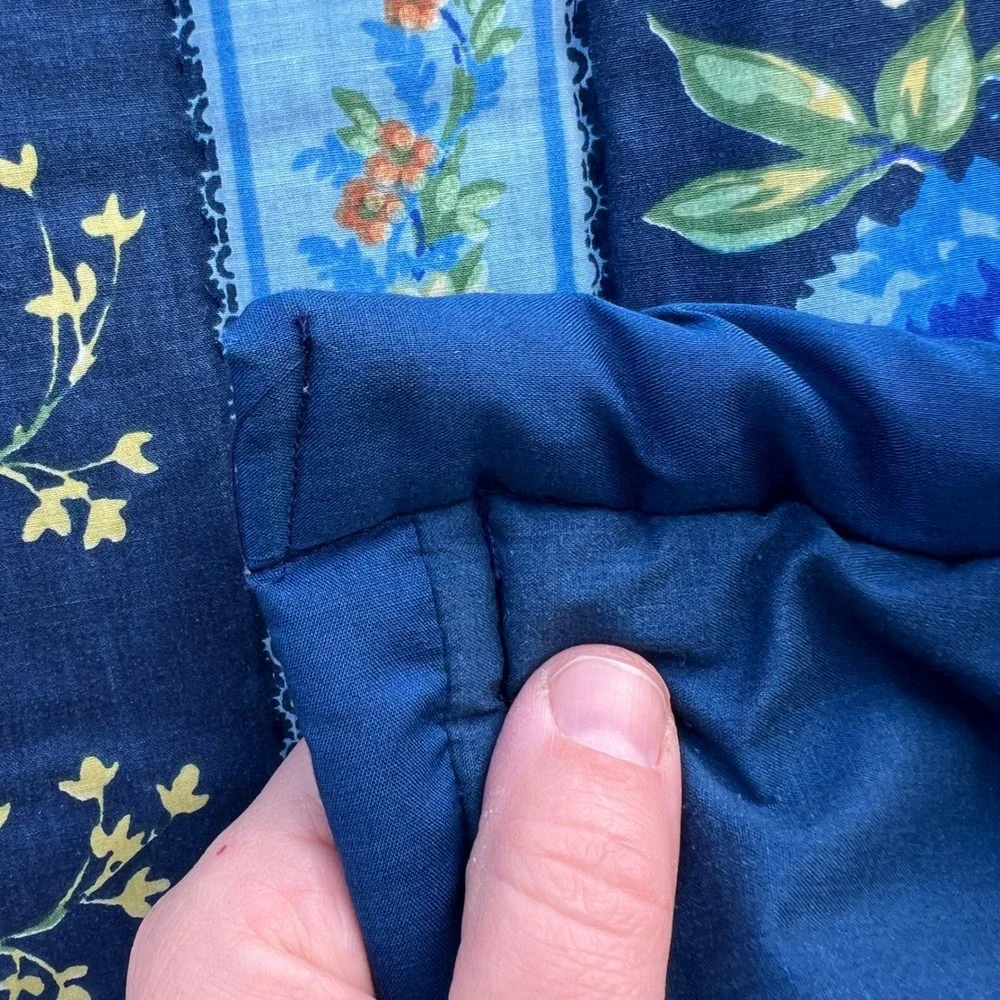 Vtg Handmade Quilt 78x82 Blue Floral Cottagecore Hand Stitched Cotton Full Queen
